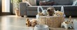 © Lal - A charming pet lover's gift basket with a selection of gourmet pet treats, a plush toy, and a personalized pet bowl, placed on a living room floor.