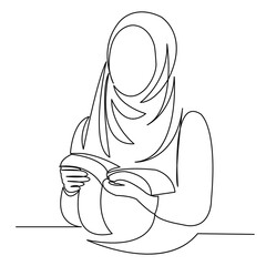 Wall Mural - continuous single drawn one line girl Muslim, female student reads book drawn by hand picture silhouette. Line art. doodle