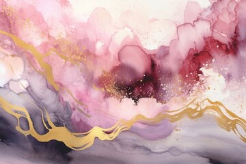 Wall Mural - Abstract watercolor marble background in pink, black, white and gold colors.