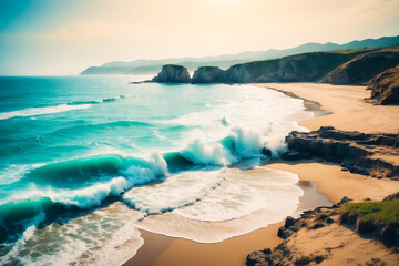 Wall Mural - Dramatic Waves Crashing on a Sandy Beach