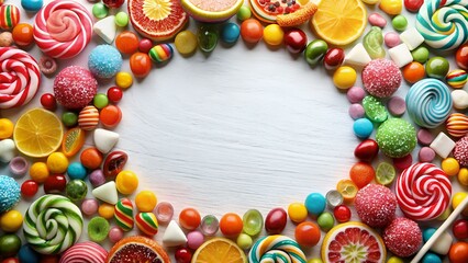 Wall Mural - Candy and sweets in copy-space background concept, big blank space. Place to adding text blank copy space. Sweet Hard Candy Mix