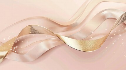 Wall Mural - abstract 3d template on a dusky rose background with a gold ribbon swirling in a sparkling wave, des