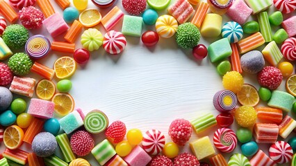 Wall Mural - Candy and sweets in copy-space background concept, big blank space. Place to adding text blank copy space. Fruity Chew Sticks