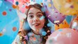 © Preecha - Highly detailed image of a girl surrounded by colorful balloons and confetti, looking delighted at her surprise birthday party