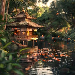 A serene pavilion in a traditional Japanese garden by a pond in the morning