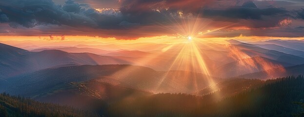  Stunning Panoramic View of a Mountain Landscape at Sunset with Golden Light, Alpine Meadow and Forest in the Foreground, Mountain Range in the Background