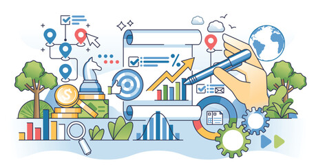 Wall Mural - Business strategy plan for corporate development outline hands concept. Success management for profit growth and financial improvement vector illustration. Company leadership for productivity.