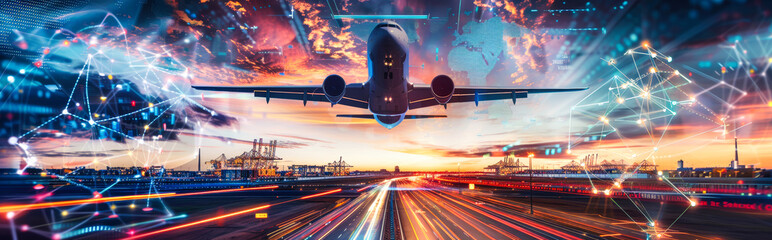 An airplane takes flight above a cityscape, with a network of data points connecting various elements, symbolizing the connected nature of global trade and logistics