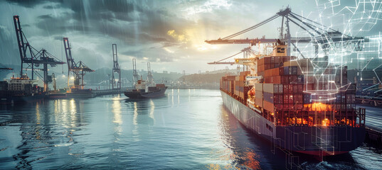 Wall Mural - A cargo ship sails through a harbor at sunset, filled with shipping containers symbolizing global trade and the movement of goods