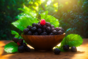 Sticker - Fresh Blackberries in a Wooden Bowl with Green Leaves