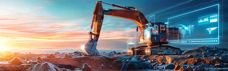 a powerful excavator is shown working in a rock field, surrounded by digital data visualizations