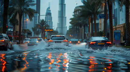 Wall Mural - Flood around Dubai streets during heavy rain.