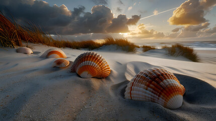 Wall Mural - A beach scene with shells and a cloudy sky