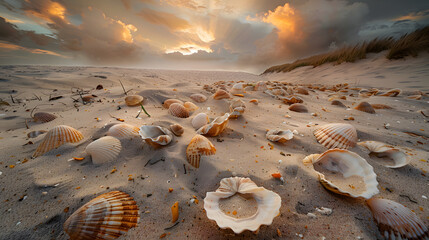 Wall Mural - A beach scene with shells and a cloudy sky