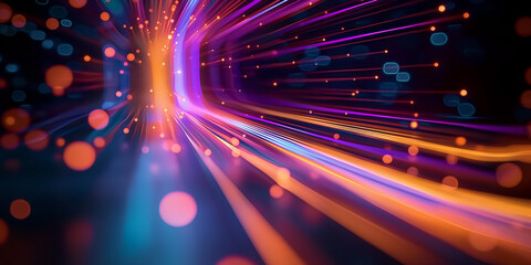 Canvas Print - Colorful data stream represented as vibrant light trails in a digital tunnel