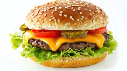 A juicy cheeseburger with a sesame seed bun, melted cheddar cheese, crispy lettuce, ripe tomatoes, and pickles. Isolated on pure white background