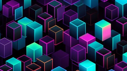 Wall Mural - Colorful Neon Cubes Pattern on Black Background, neon