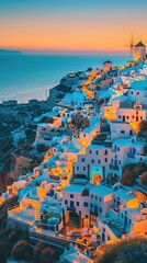 Poster - At sunset, white houses by the Greek seaside