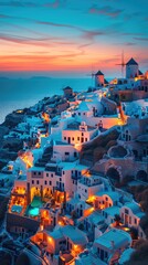 Poster - At sunset, white houses by the Greek seaside