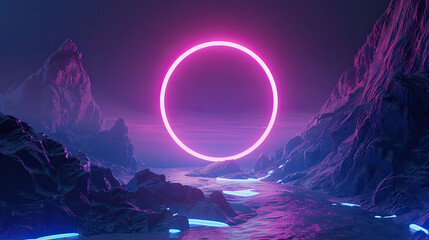 Wall Mural - 3D Render Abstract Background, Cosmic Landscape, Round Portal, Pink Blue Neon Light, Virtual Reality, Futuristic Sci-Fi Scene, Glowing Vortex, Digital Fantasy World, Immersive Technology