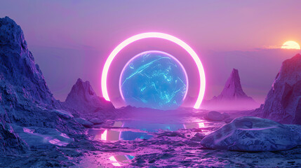 Wall Mural - 3D Render Abstract Background, Cosmic Landscape, Round Portal, Pink Blue Neon Light, Virtual Reality, Futuristic Sci-Fi Scene, Glowing Vortex, Digital Fantasy World, Immersive Technology