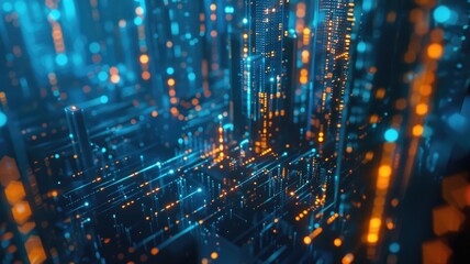 Sticker - Futuristic cityscape with glowing blue and orange lights on a dark background. Digital image of blurring blue neon light of cityscape. Urban and technology concept for wallpaper and header. AIG53F.