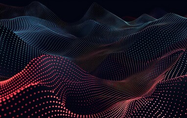 Wall Mural - Abstract digital landscape with red and blue particles forming waves on a dark background, representing data flow and technology.