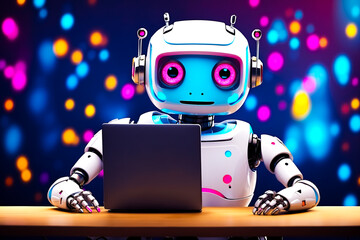 Wall Mural - futuristic robot using a laptop computer with colorful bokeh background