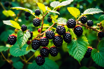 Wall Mural - Ripe blackberries on a green bush