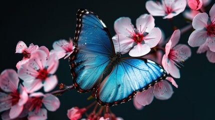 Wall Mural - vibrant blue tropical butterfly on pink sakura branch against black background