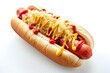 © Lal - A classic hot dog topped with mustard, ketchup, and sauerkraut. Isolated on pure white background
