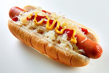 A classic hot dog topped with mustard, ketchup, and sauerkraut. Isolated on pure white background