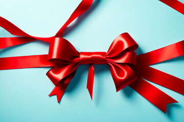 Sticker - Red ribbon bow on blue background