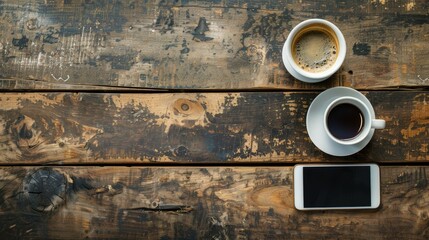 Sticker - Desk arrangement Smartphone and coffee on vintage wood with room for text Overhead view