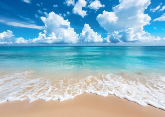 Wall Mural - Serene Beach with Turquoise Waters and White Clouds