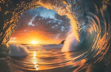 Wall Mural - Sunrise Through Epic Wave Barrel