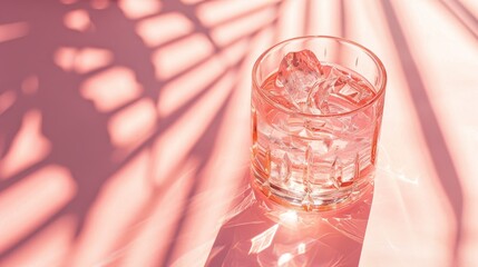 Canvas Print - Elegant crystal glass creates shadow in sunlight on pink backdrop Simplistic layout with space for text Idea for summer beverages