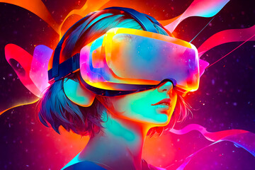 Sticker - Woman in VR Headset with Colorful Abstract Background