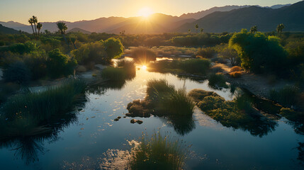 Wall Mural - A sunset over a river with a mountain in the background