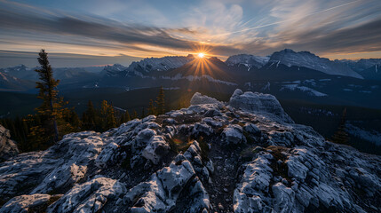 Wall Mural - A mountain range with a sun shining through the clouds