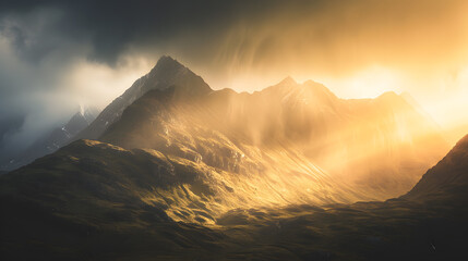 Wall Mural - A mountain range with a sun shining through the clouds