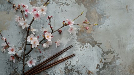 Sticker - Arrangement of chopsticks and cherry blossom branch on concrete backdrop