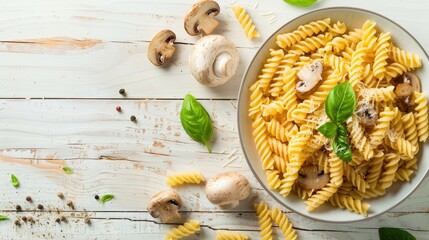 Wall Mural - Fusilli pasta with mushrooms cheese and basil on white wooden surface