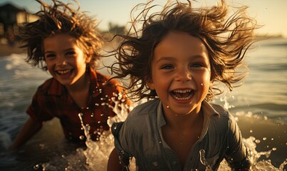 Wall Mural - Two Children Playing in Water at Beach