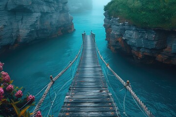 A bridge spanning a gap between two cliffs, symbolizing the connection and partnership between businesses in reaching mutual goals