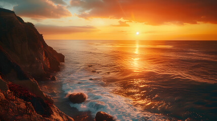 Wall Mural - A beautiful sunset over the ocean with a bright sun shining on the water