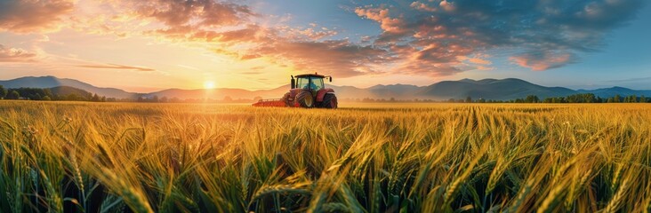 Wall Mural - Tractor Working in Golden Wheat Field at Sunset