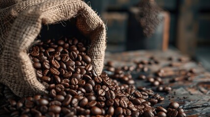 Canvas Print - Coffee beans in bag on wooden table with coffee sprinkles Cafe advertising background concept