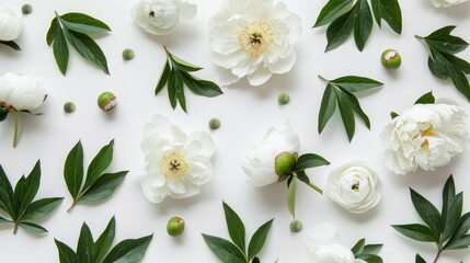 Canvas Print - White peony flowers green leaves and pasque flower seeds creating a floral design on white surface viewed from top