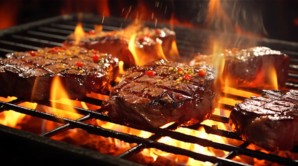 Juicy beef steaks sizzling on a hot grill, with flames dancing around the perfectly seared meat